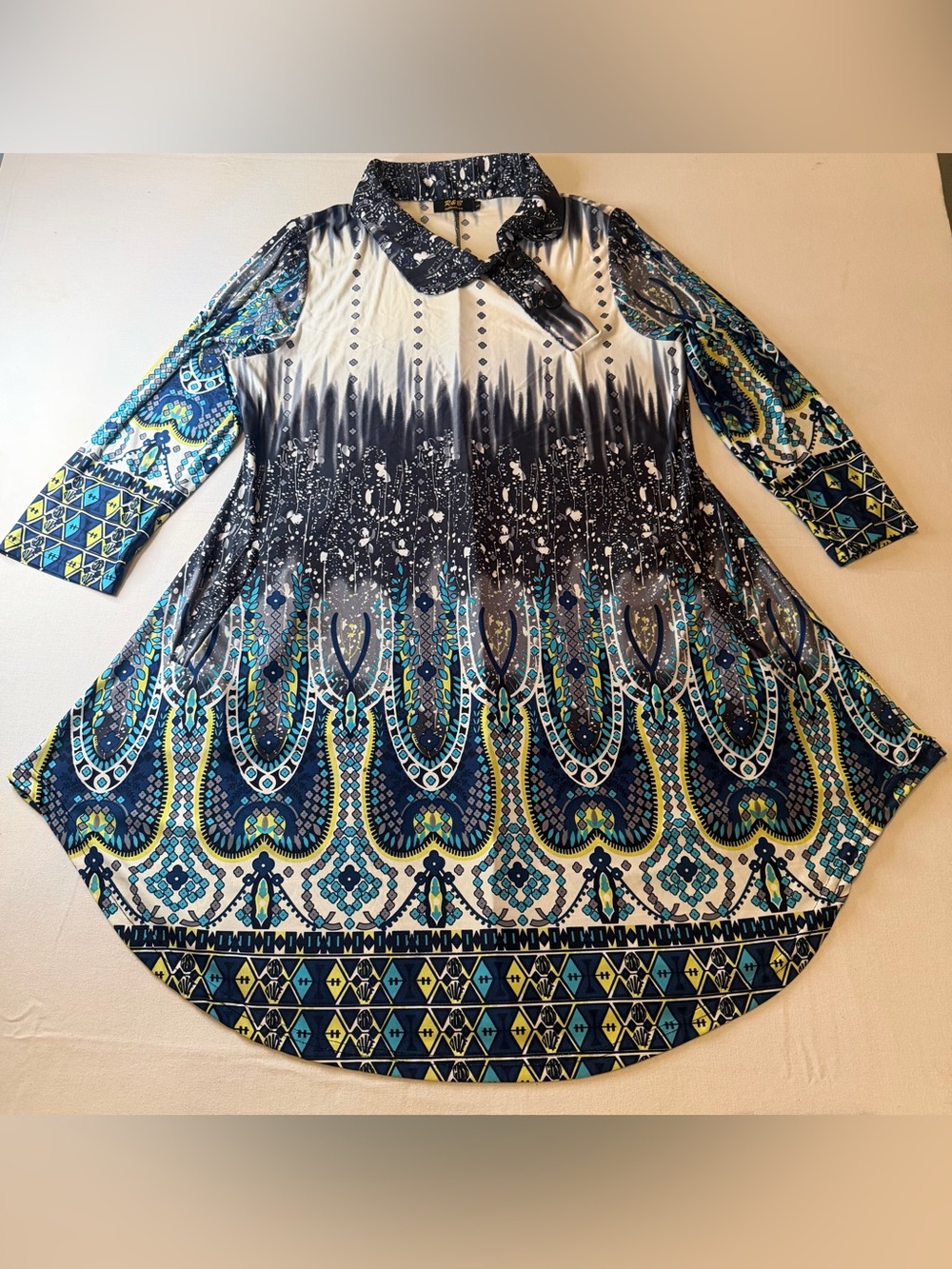 Boho Printed Swing Tunic in Navy, Teal & Cream R&B Collection Dress Large